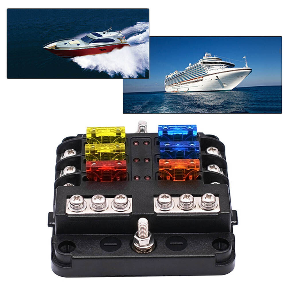 6-Way Blade Fuse Box Block Holder LED Indicator For Marine Bus RVs Boats Q