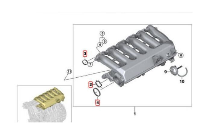 One new set of intake manifold rubber sealing gaskets suitable for E46, E60, E61, E90, E91, X3, X5- n