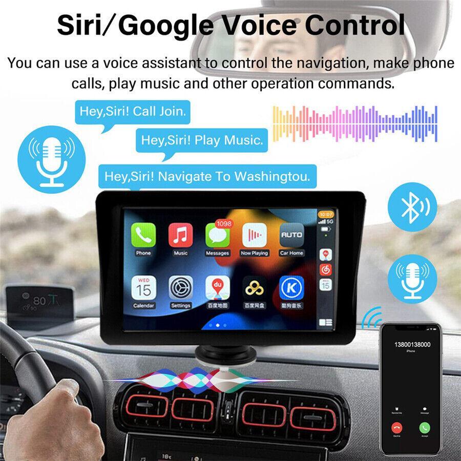 7-inch display car media player with wireless CarPlay, Android, MP5, GPS navigation, Bluetooth, and FM radio. n