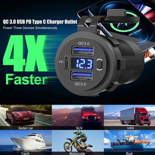 2 USB Type-C Car Charger Socket Adapter QC3.0 Fast Charging Accessory
