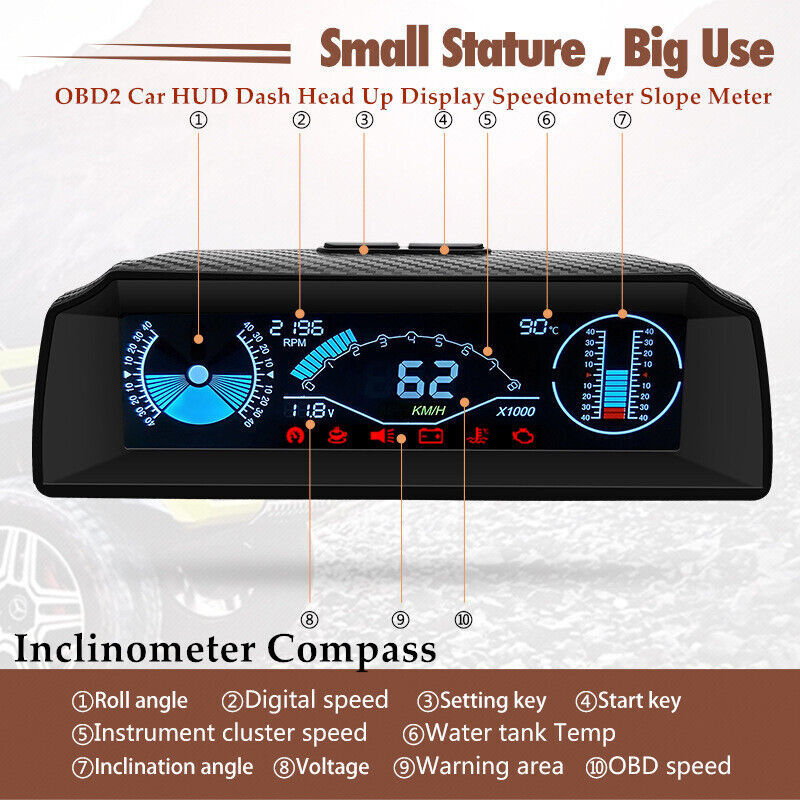 OBD2 Car Dash Head Up Display Speedometer for Smart Slope Meter Inclinometer Compass v