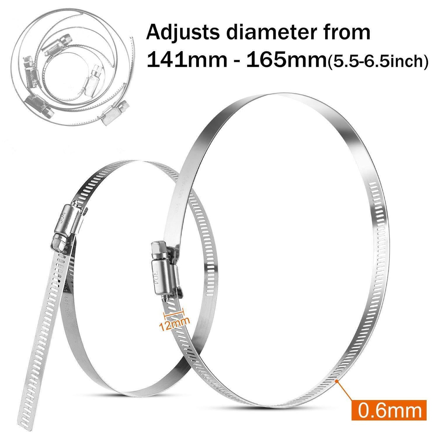 6-inch adjustable hose clamp with worm gear design, 141-165 mm adjustable hose clamp.