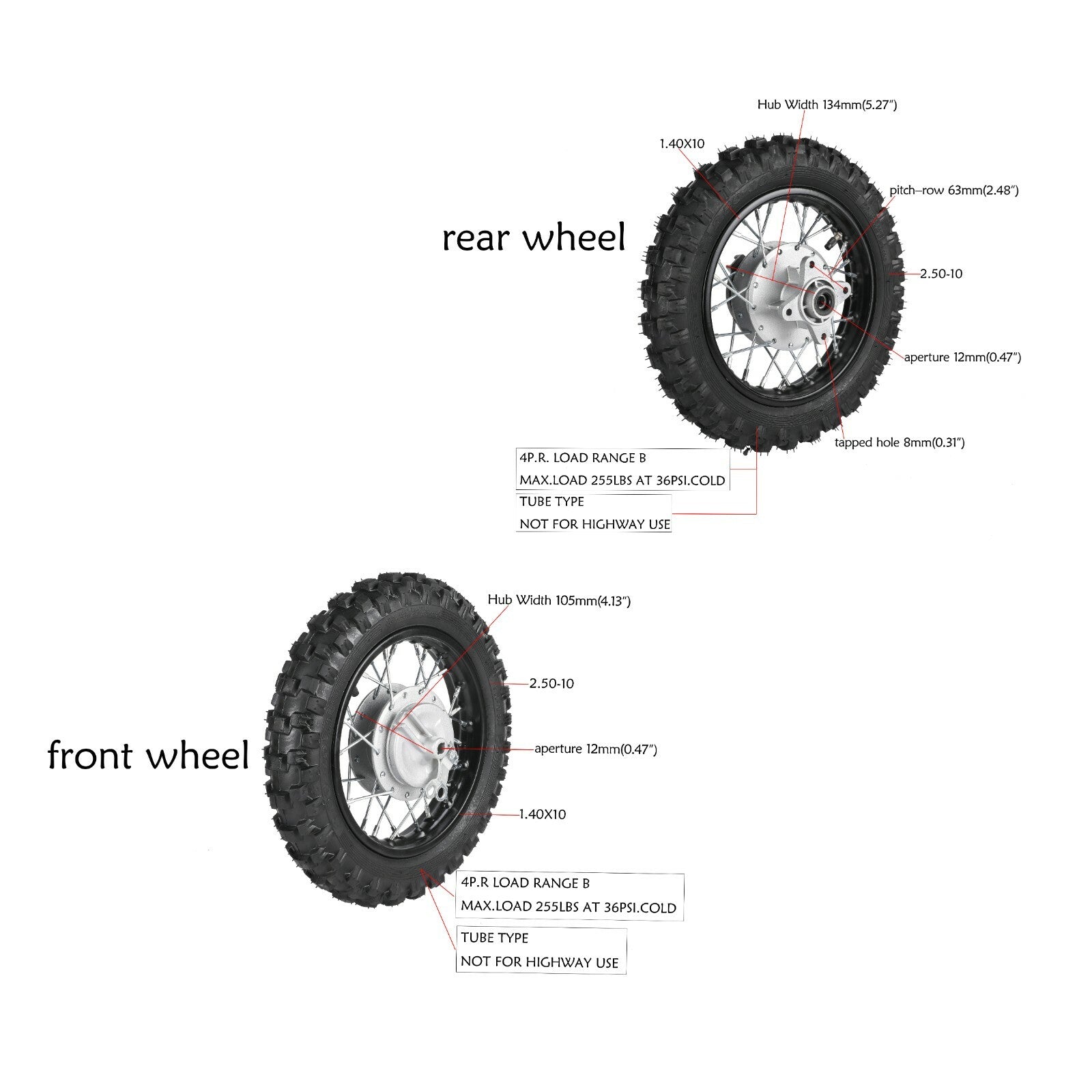 10-inch front and rear wheels, 2.50-10 tires, rim grooves, bicycle CRF50, TTR50 cooler, 70cc-110cc