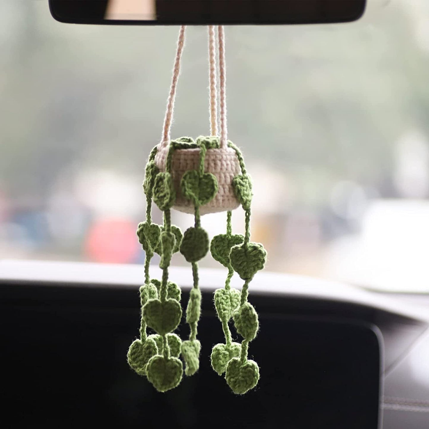 1Car Plant Crochet Hanging Basket Cute Rearview Mirror Hanging Ornament Decor