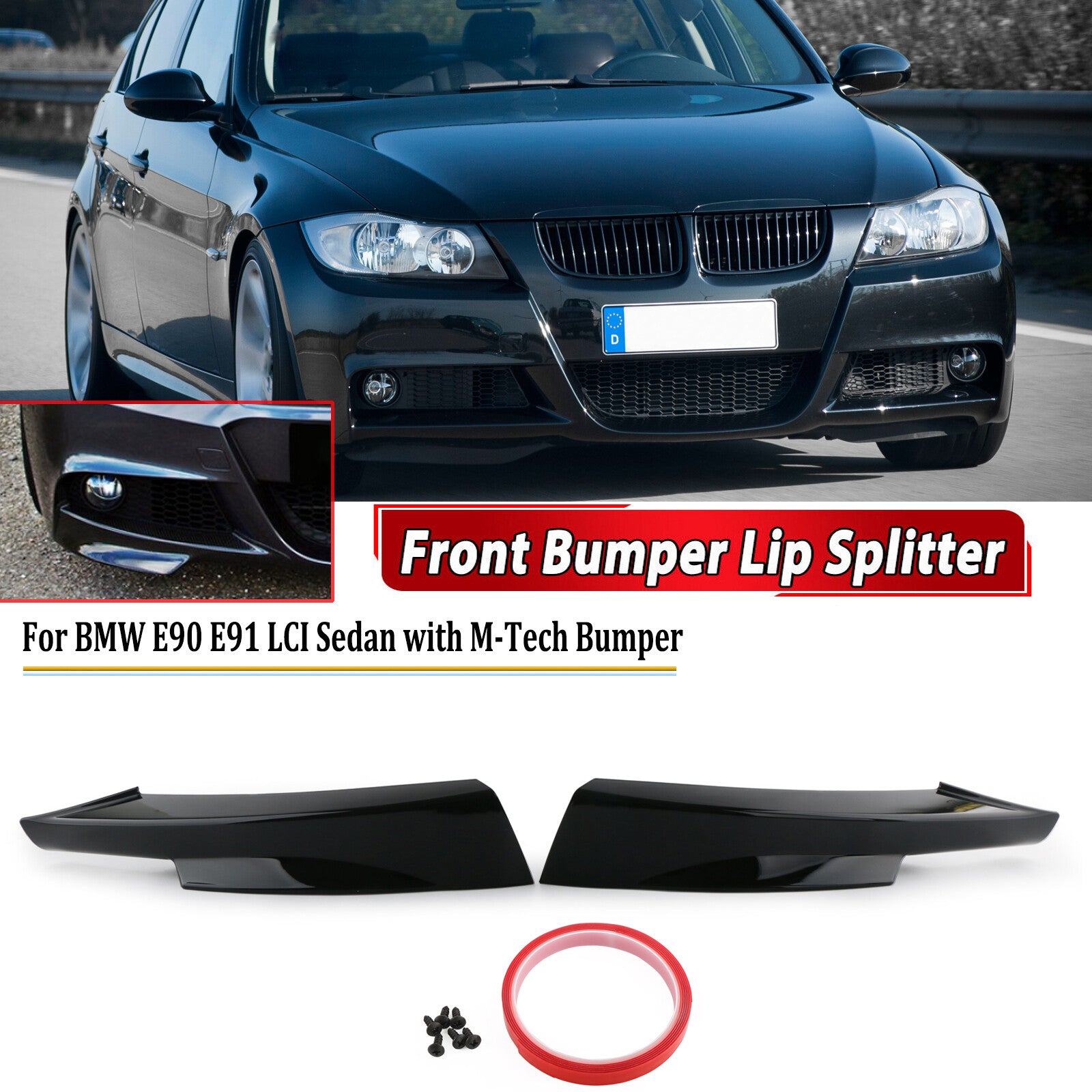 Glossy black front bumper splitter lip for BMW E90 E91 LCI M-Tech 2009-12