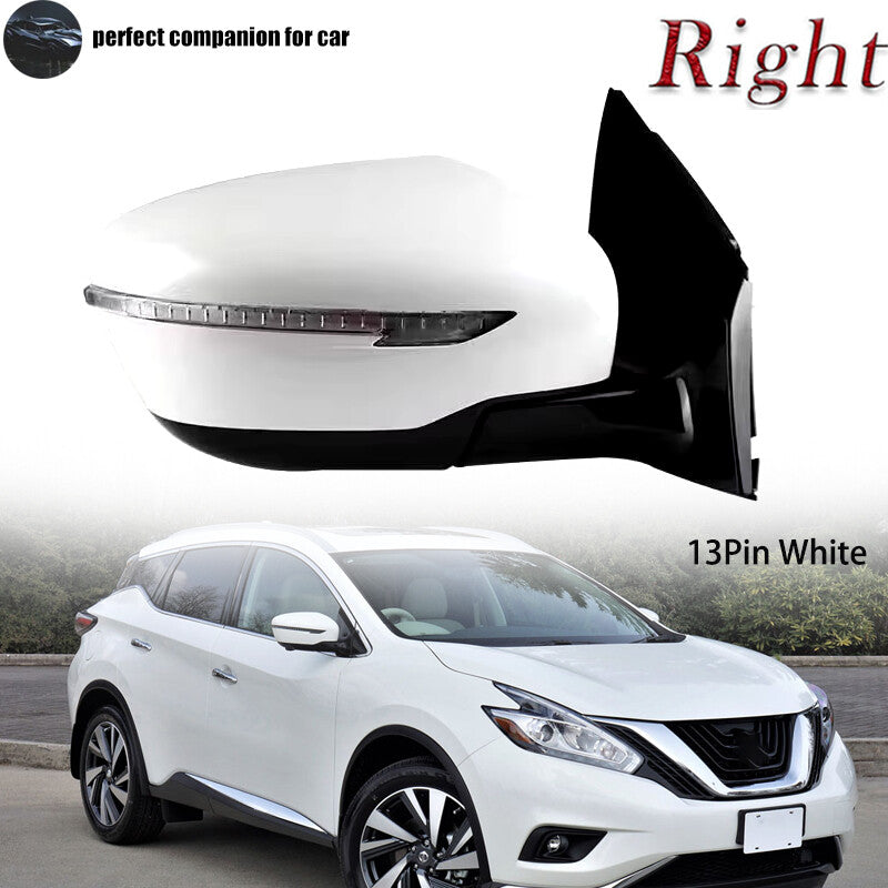 Right-side door rearview mirror, 13-pin, white, suitable for Nissan Murano 2015-2019.