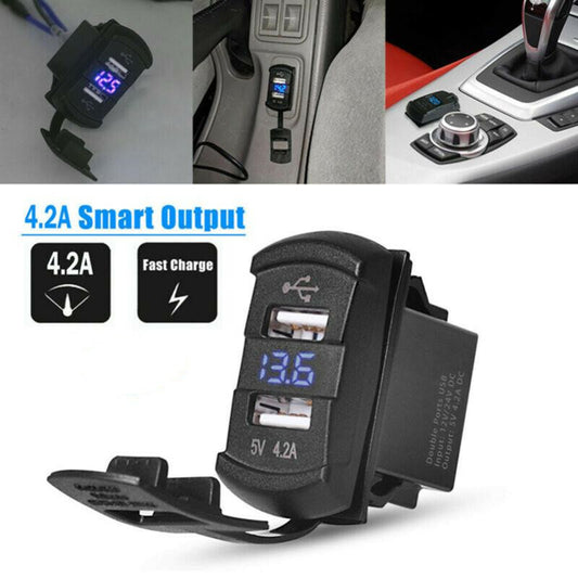 12VCar Blue LED Dual USB Charger Digital Socket Digital Display Voltmeter Outlet