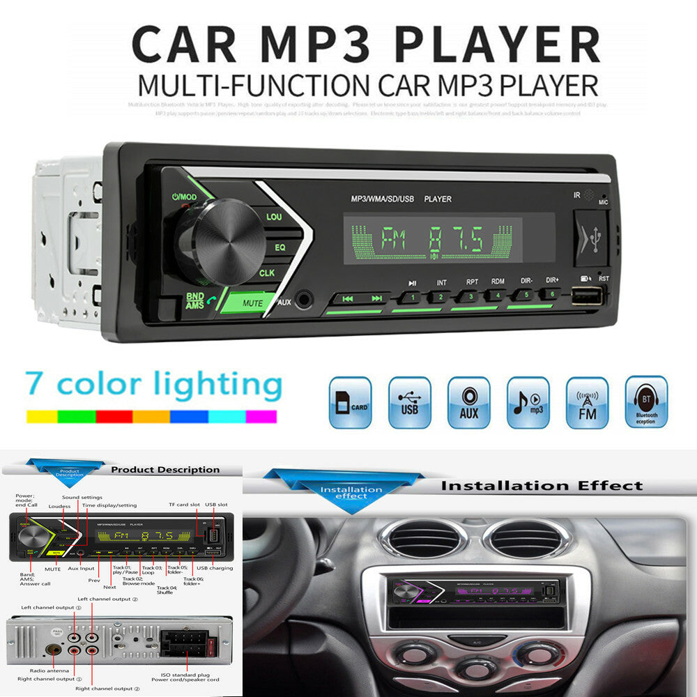 12V Car MP3 Player with Built-in Bluetooth Hands- FM Radio and Colorful Lights n
