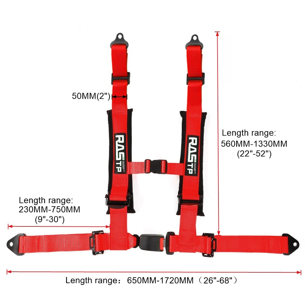 New 2inch 4-Point Harness Quick Release Safety for Seat Belt+1Pair Shoulder Pads Red