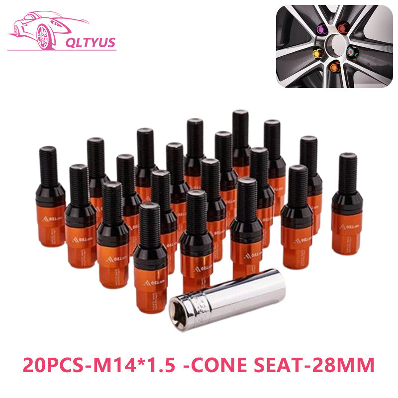 20-piece set of 28mm M14x1.5 wheel lug bolts and tapered for seat studs suitable for most aftermarket orange-plated products.