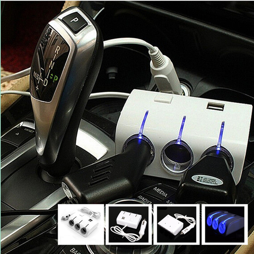 Car White Cigarette Lighter Socket Splitter 3Way Charger Adapter USB Port Socket