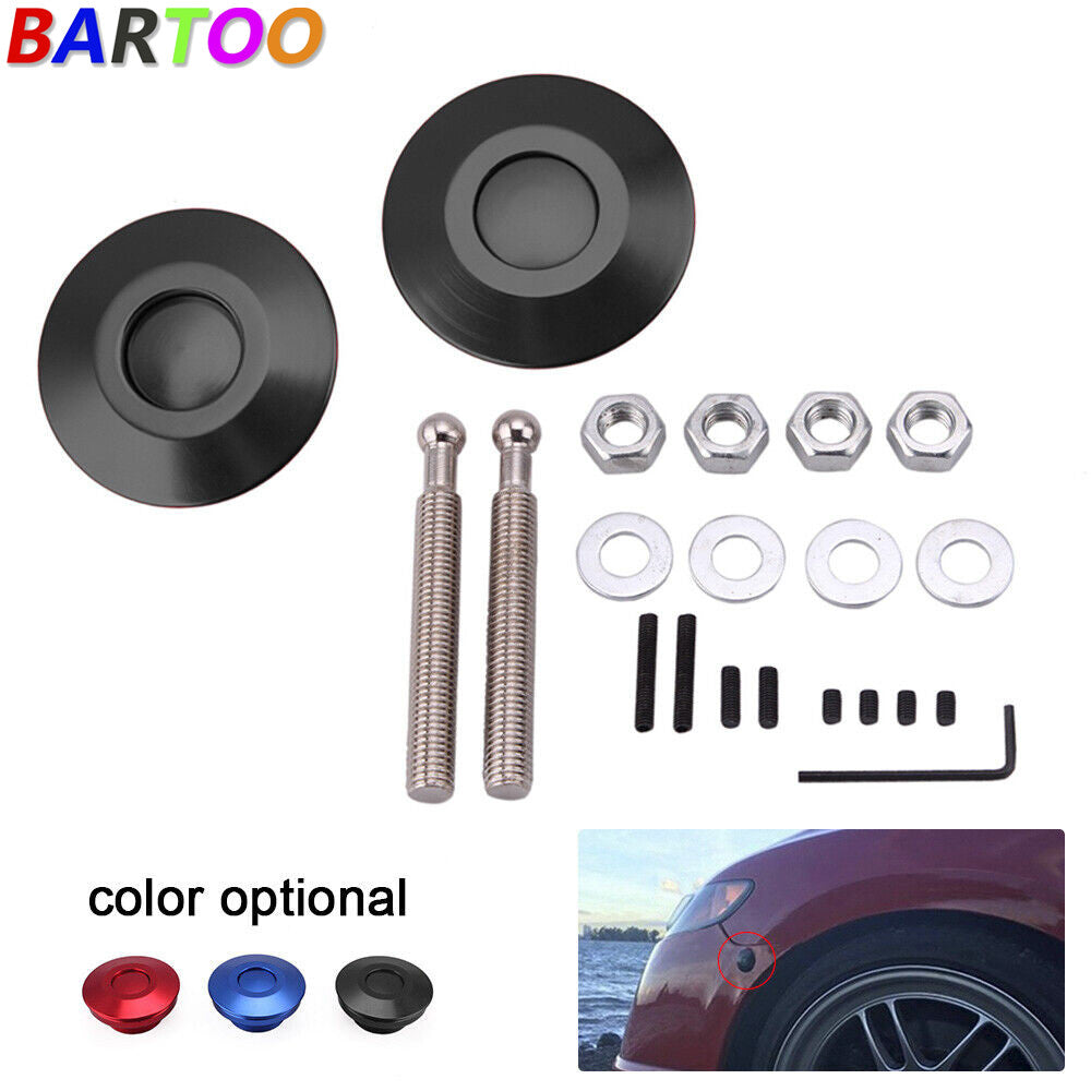 Black Push Button Billet Round Hood Pins Lock Clip Kit Engine Bonnets Lock