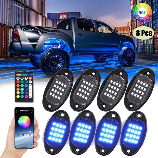 Pod RGB LED Rock Lights Kit Offroad Truck ATV Underbody Neon Music Bluetooth v