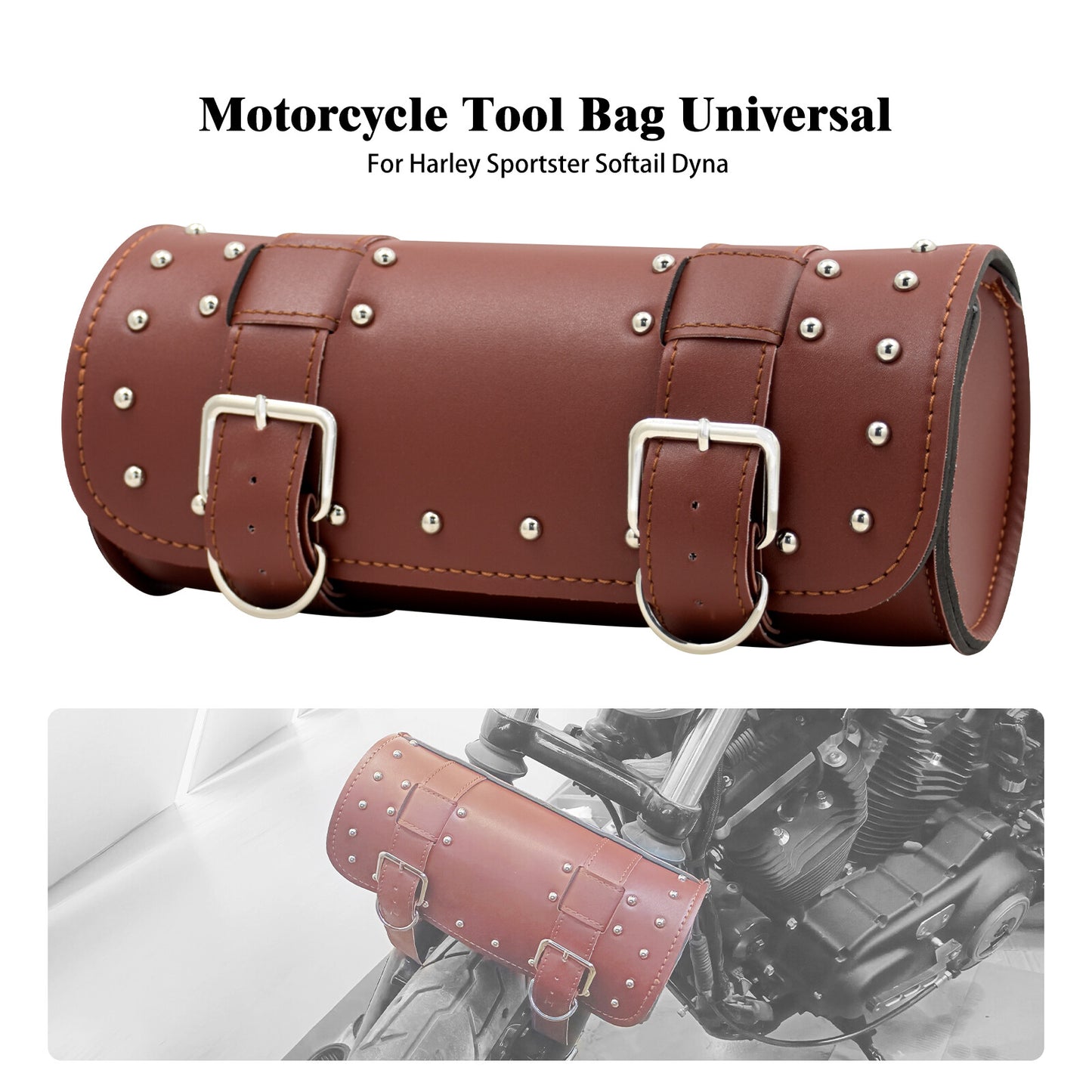 Motorcycle Brown Handlebar Sissy Bar Bag Saddlebag Fork Roll Barrel Bag w/ Nails