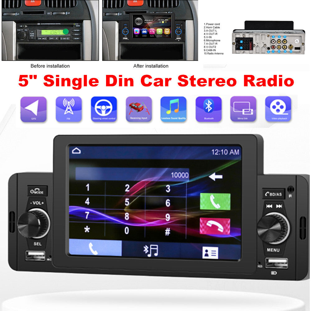 5-inch HD screen single DIN car stereo radio with FM, USB, AUX, TF, MP3, and MP5 player dashboard kit n