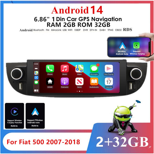 6.86Android 14 Carplay 2GB 32GB Car Stereo Radio GPS Navigation for Fiat 500