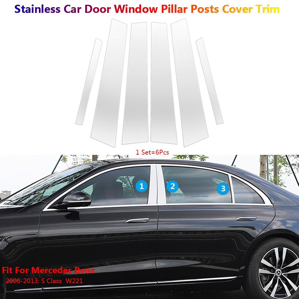 6x for Mercedes-Benz S W221 2006-2013 Stainless Car Window B C Pillar Post Cover