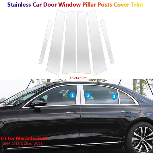 6x for Mercedes-Benz S W221 2006-2013 Stainless Car Window B C Pillar Post Cover