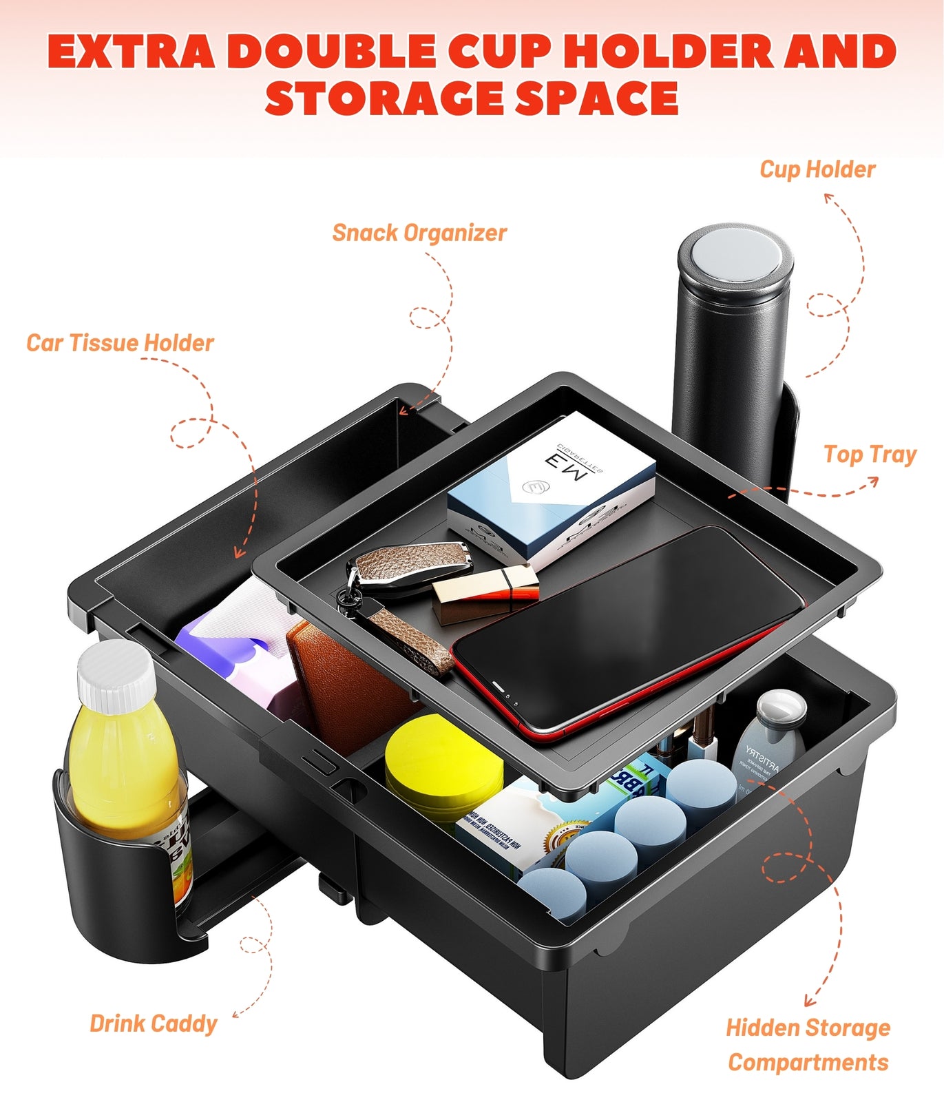 General Motors storage box, multi-functional center armrest storage box with 2 cup holders