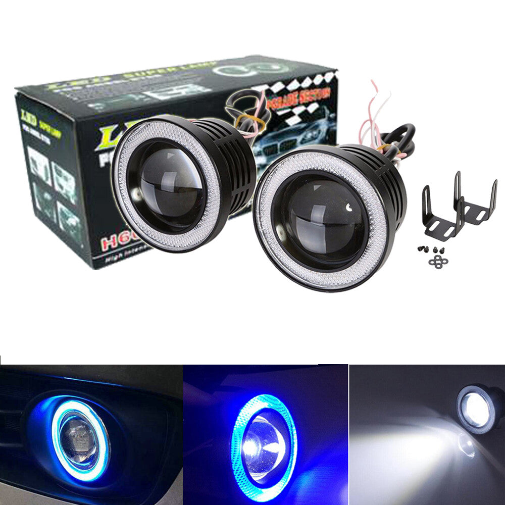 Apply to Projector Lens Fog Driving Light Lamp w/ Blue Angel Eyes COB Halo Ring