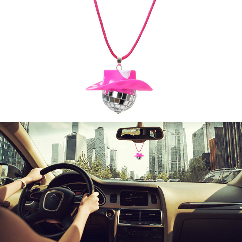 Cowboy Hat Disco Ball Car Ornamen Rearview Mirror Hanging Acessory Rope Cow Pink