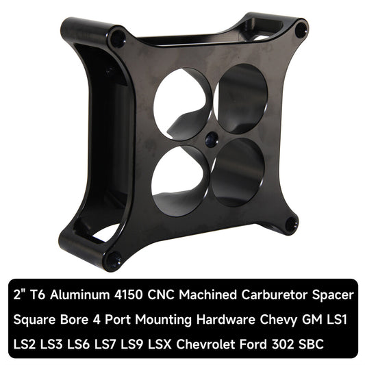 2 inch T6 Aluminum 4150 CNC Machined Carburetor Spacer Square Bore 4 Port Black