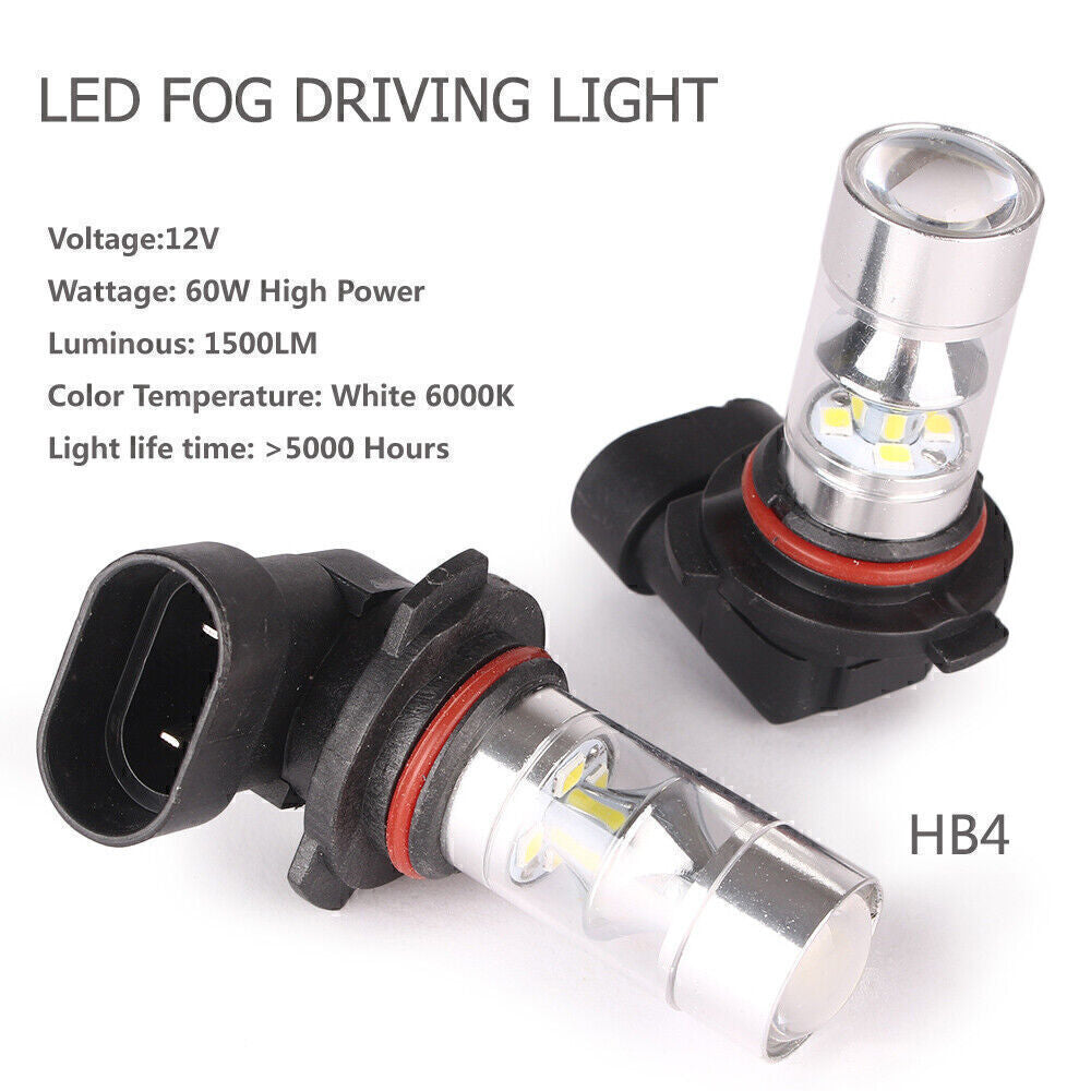 HB4/9006 Auto Car DRL LED Fog Driving Light Bulbs Super White 1500LM 60W Pair