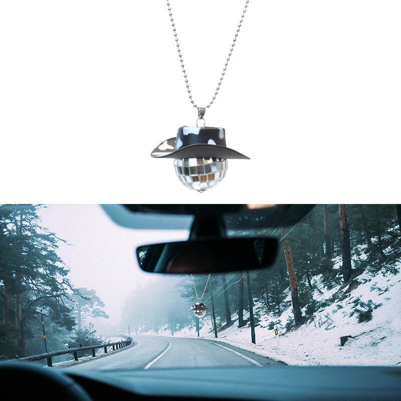 Cowboy Hat Disco Ball Car Ornamen Rearview Mirror Hanging Acessory Cow Black