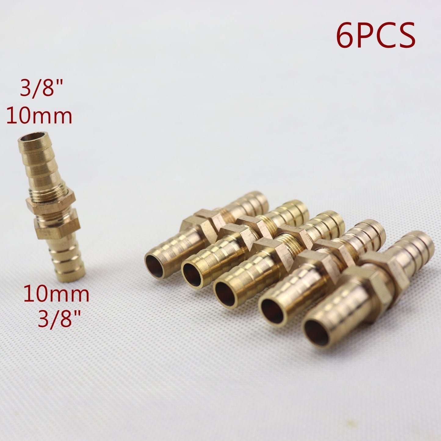 6Pcs 3/8(10mm ) Hose Barb Brass Bulkhead Pipe Fitting Coupler Connector Adapter