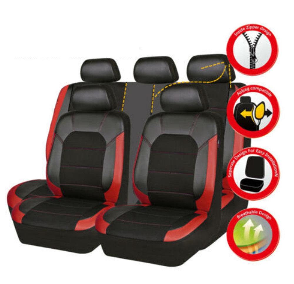 Black/Red Leather Car for Seat Covers, Front and Rear Interior Cushions, 9 Pieces - n