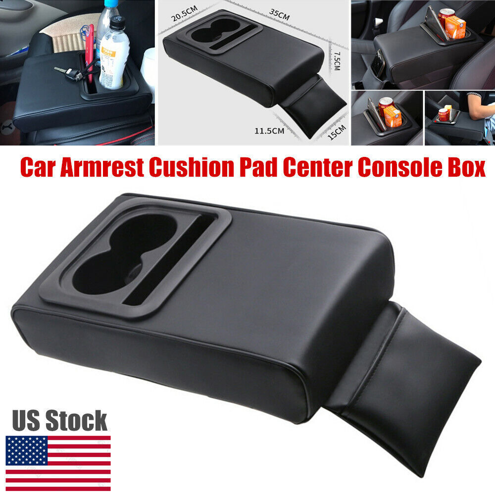 Leather Car Armrest Cushion Center Console Box Cover w/Rear for Seat Cup Holder v