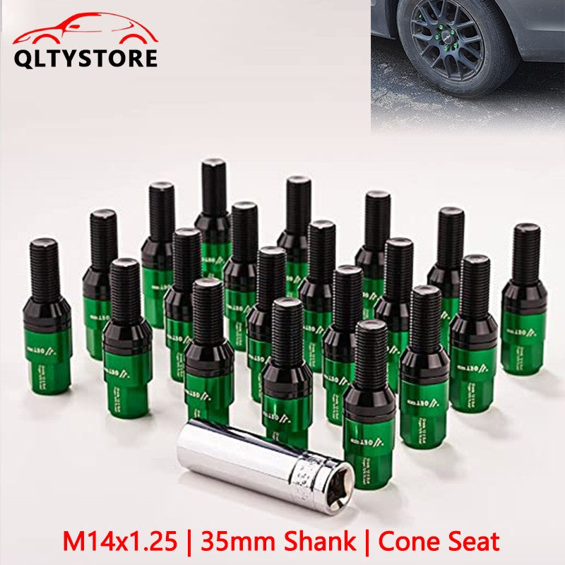 20x M14x1.25 Wheel Lug Bolt 35mm Shank Cone for Seat Stud for Most Aftermarket Green Q