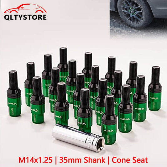 20x M14x1.25 Wheel Lug Bolt 35mm Shank Cone for Seat Stud for Most Aftermarket Green Q