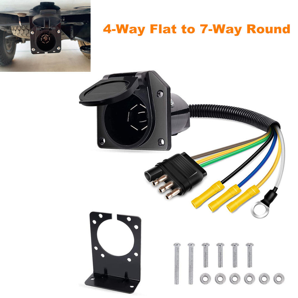 4-way flat to 7-way round RV blade trailer adapter reverse plug with bracket kit n