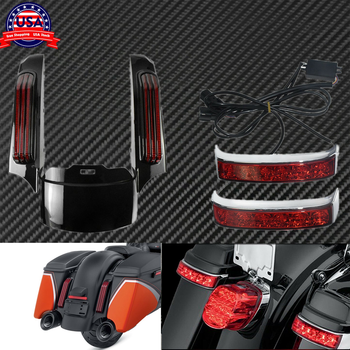 Rear Fender Extension LED Light+Saddlebag Tail Light Fit For Touring 2014-up