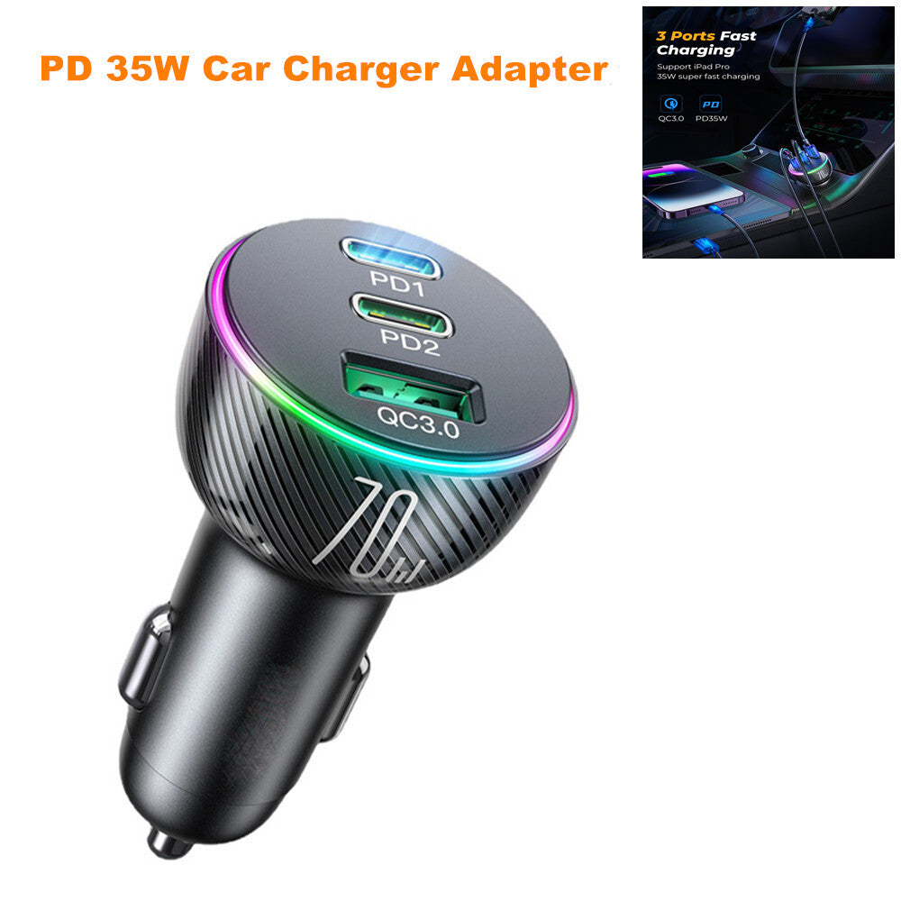 PD 35W Car Fast Charger Adapter with USB Type-C 3-Port Power Output - Universal Socket n