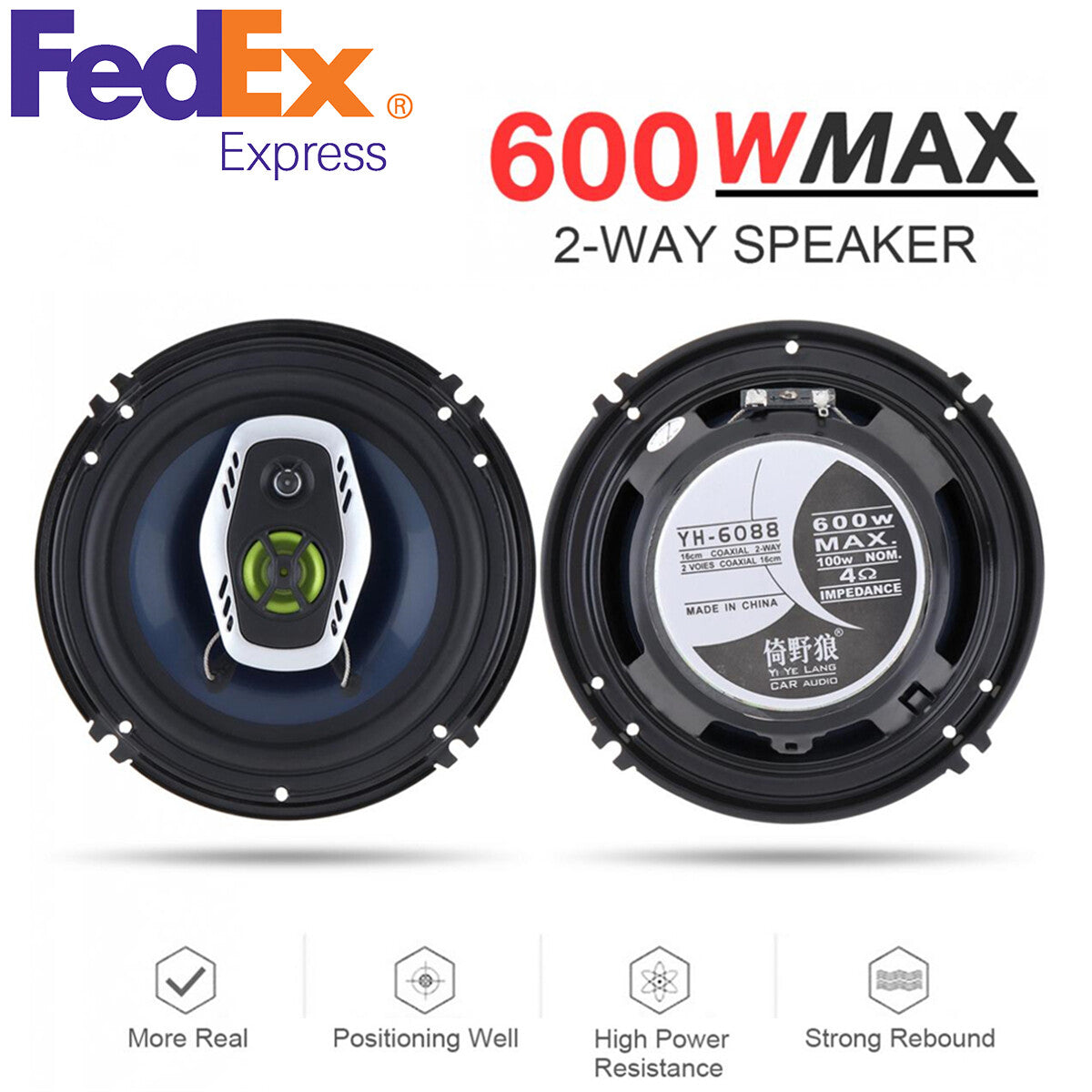 2Pcs 6.5 Inch 600W 2 Way Coaxial Hifi Car Audio Music Stereo Speakers Universal