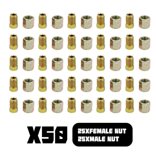 50-piece pack for 3/16 inch tubular brake fittings: 25 female nuts + 25 male nuts M10 x 1mm n