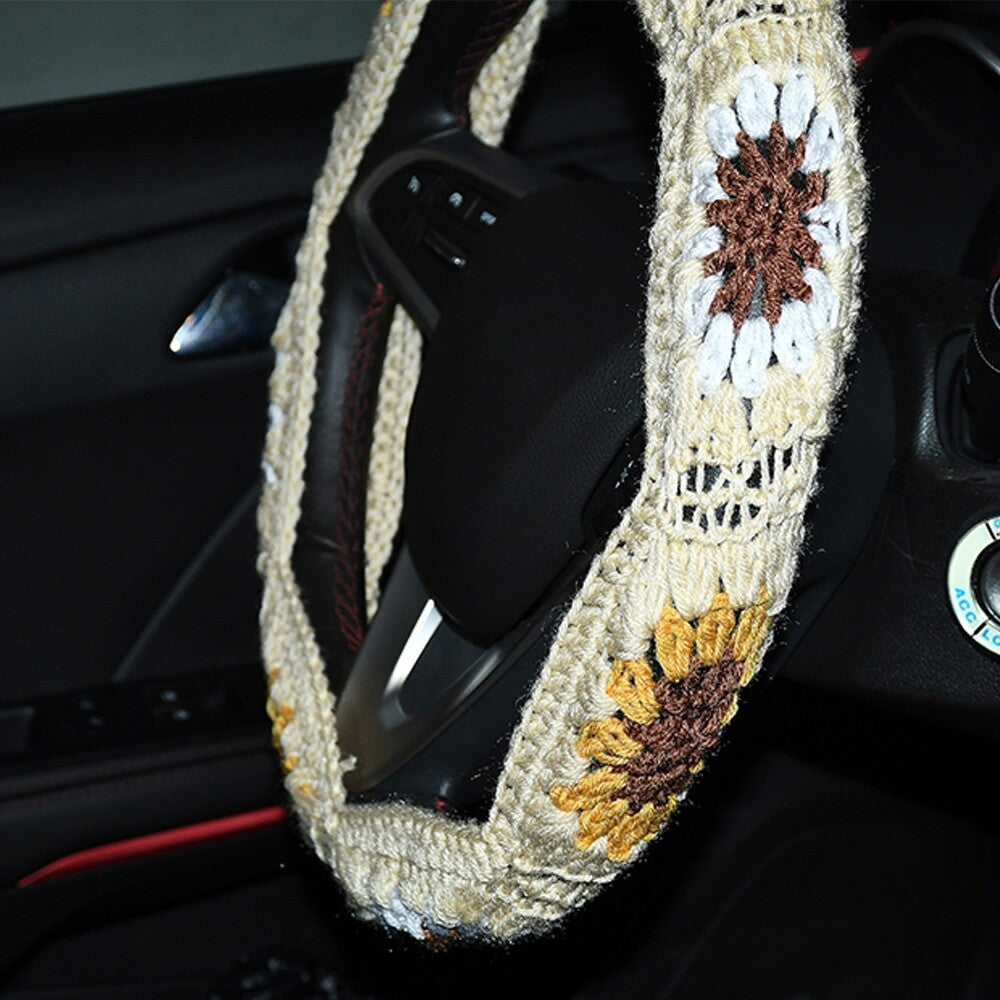14-15in Boho Crochet Steering Wheel Cover Sunflower Steering Wheel Protector