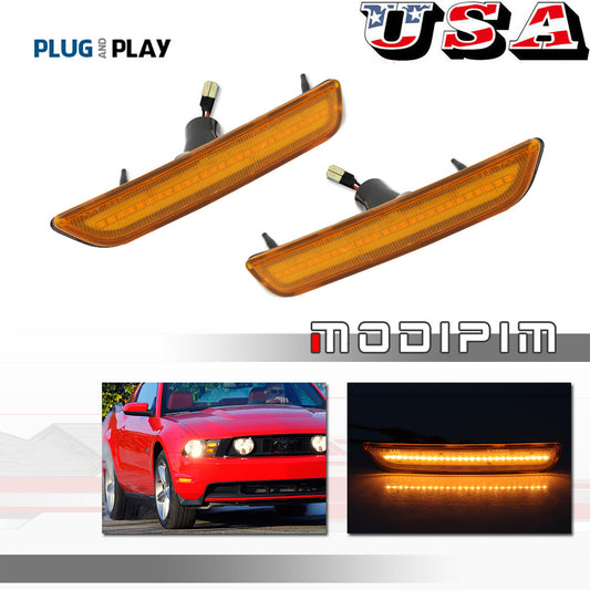 For 2010 - 2014 for Mustang Amber Lens Amber LED Front Side Marker Lights Pair Set - v