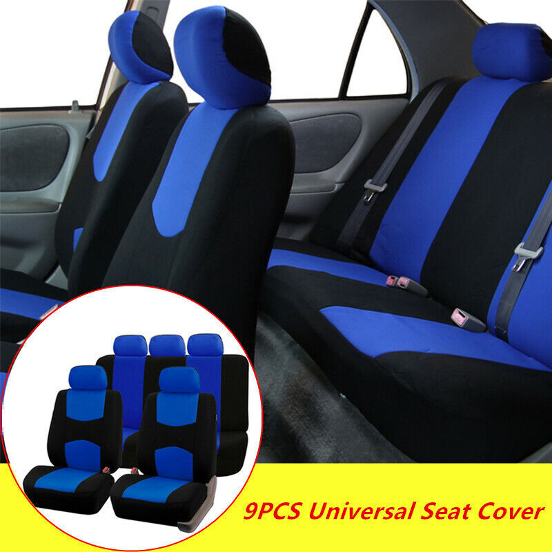 Universal 9-piece complete car for seat cover kit, low-back flat cloth, comfort, blue, effective. n