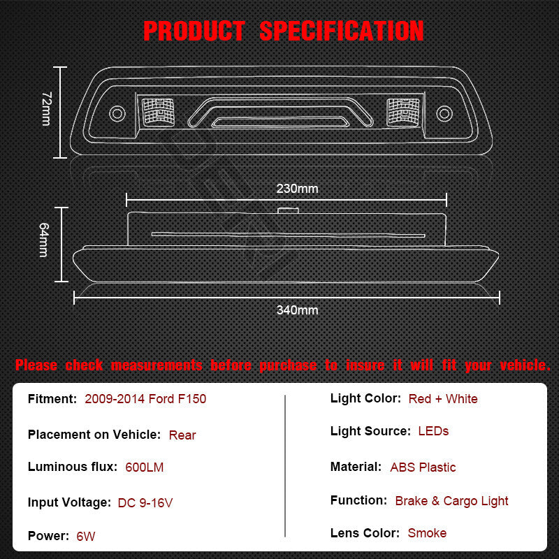 3rd Third Brake Light Smoke LED Rear Cargo Lamp For 2009-2014 for Ford F-150 F150