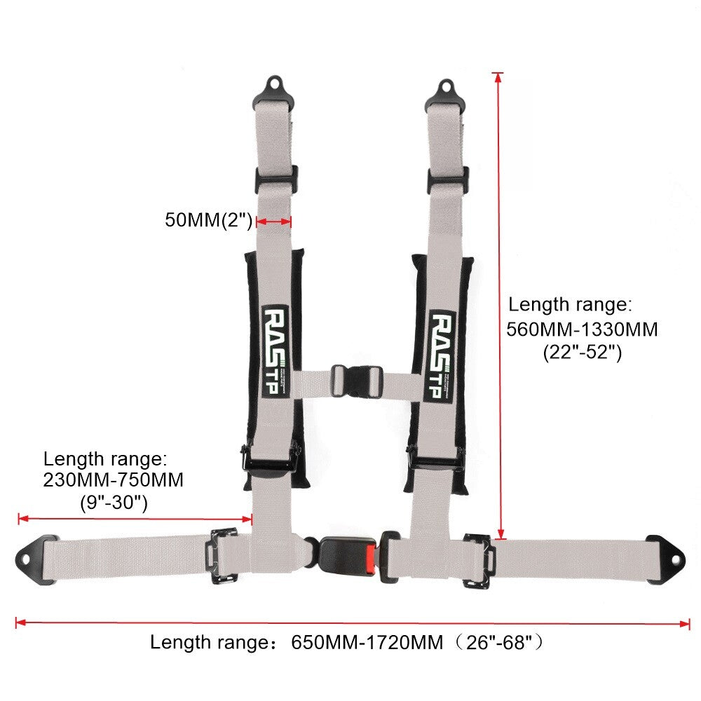 Gray 2inch 4-Point Harness Quick Release Safety for Seat Belt+1Pair Shoulder Pads