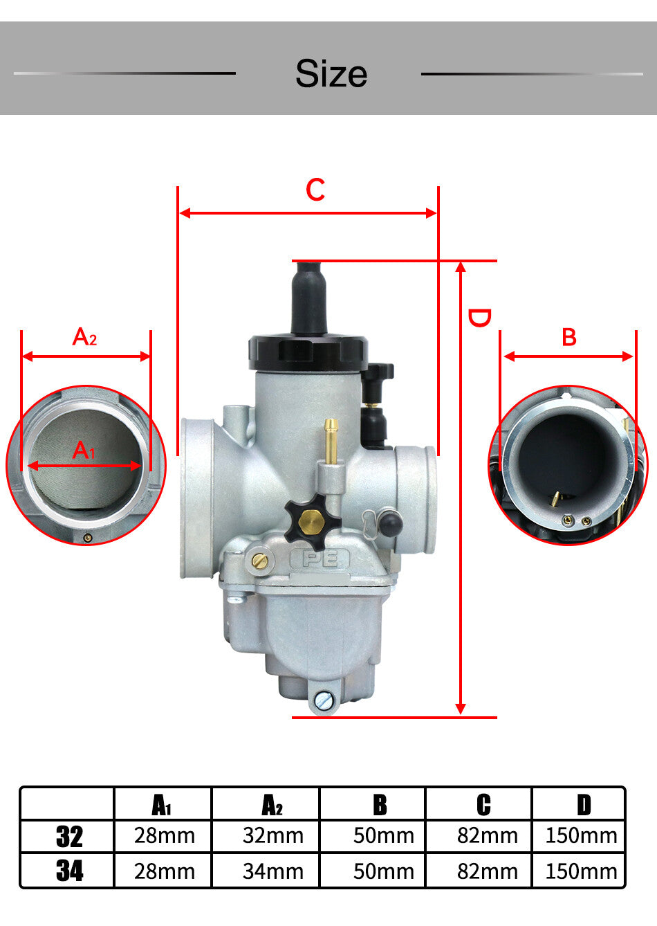 Motorcycle PE34 Carburetor 200cc 450cc Carbon Fiber Kit with Jet Shoes for Racing Bikes Q