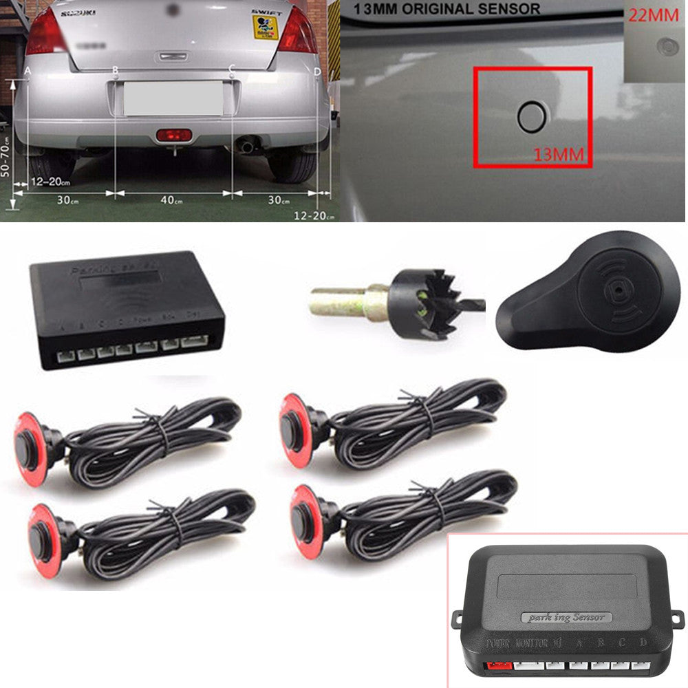Parking with 4 hidden sensors, 13mm reverse backup, rear radar, sound buzzer, and alarm. n