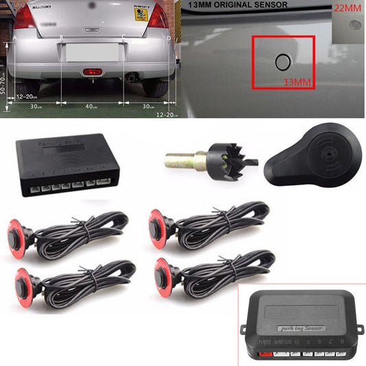 Parking with 4 hidden sensors, 13mm reverse backup, rear radar, sound buzzer, and alarm. n