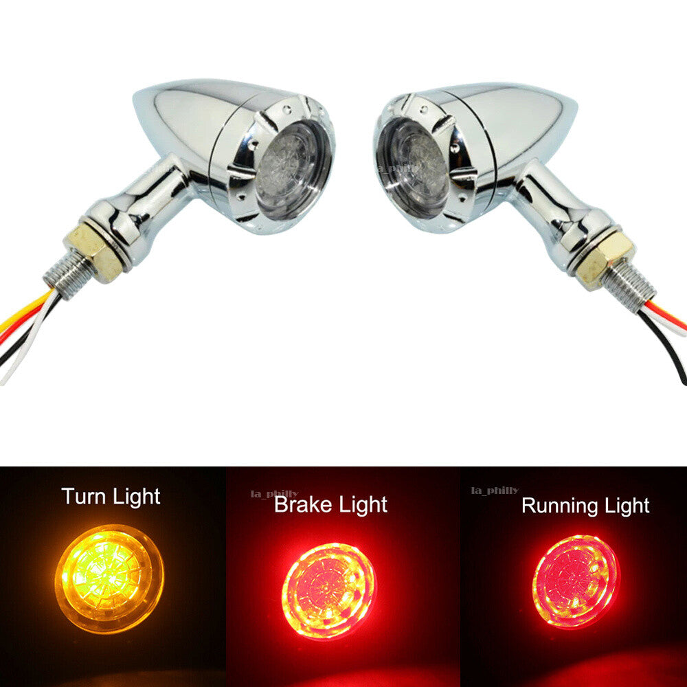 2Pcs 4 wire 12v Bullet LED Brake Turn Signal Light Chrome for Harley for Honda Q