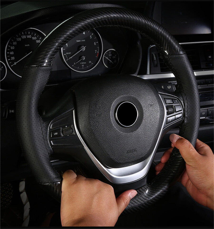 Car Steering Wheel Cover PU Leather Protector DIY Glossy Carbon Fiber Look Trim