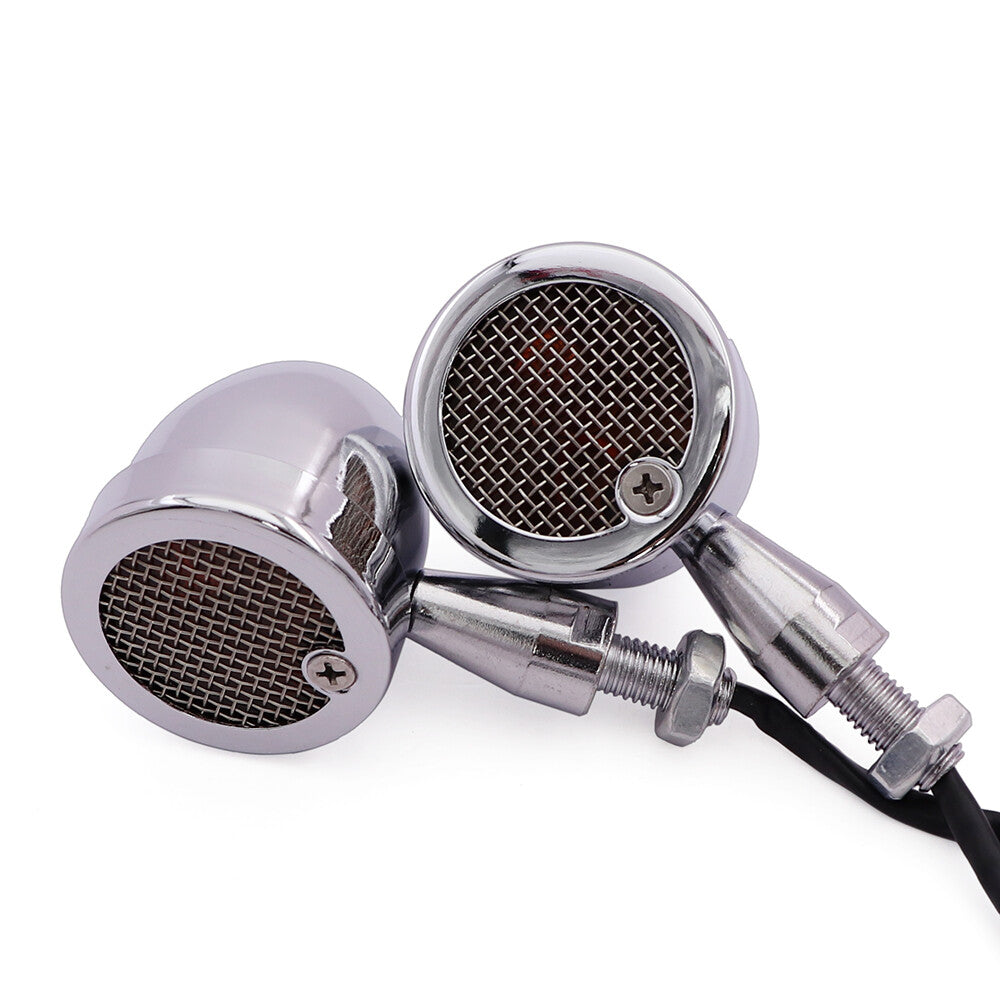 2X Chrome Motorcycle Retro Metal Bullet Grill Turn Signal Amber Indicator Light Q