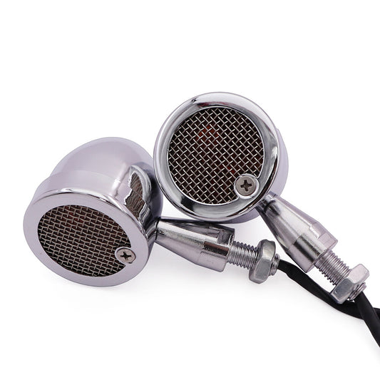 2X Chrome Motorcycle Retro Metal Bullet Grill Turn Signal Amber Indicator Light Q
